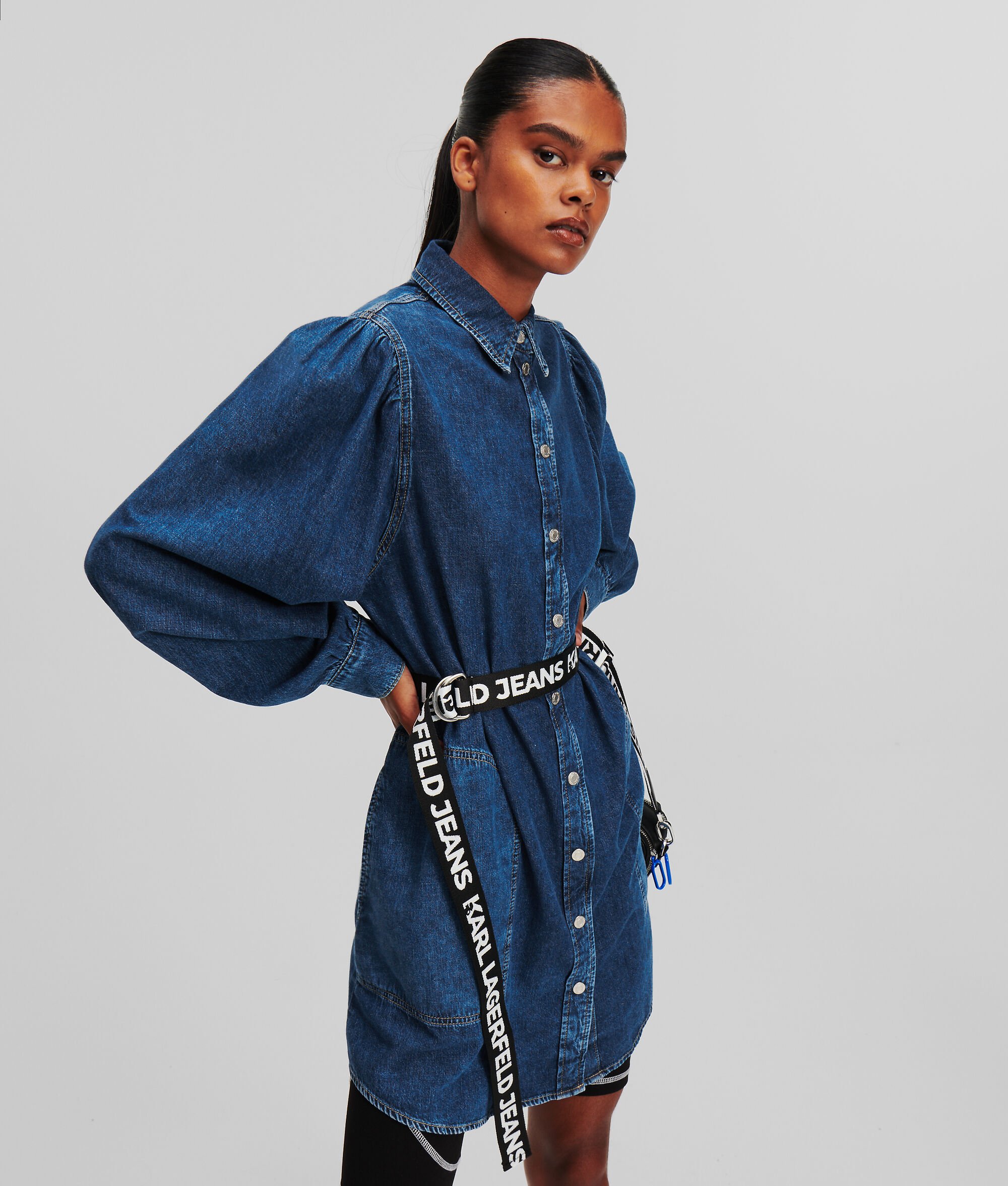 (image for) Cool KLJ BELTED PUFF-SLEEVE DENIM DRESS